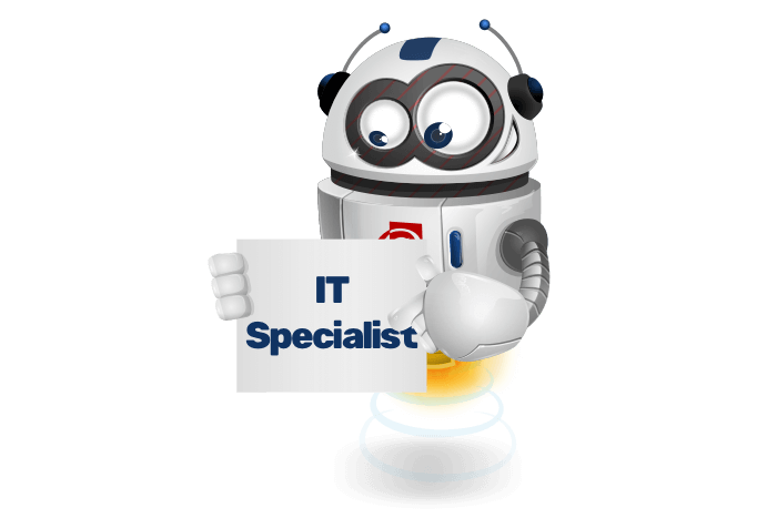 Buddy de mascotte die een bord met het IT Specialist logo vastheeft