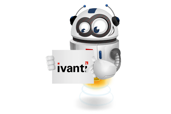 Buddy de mascotte die een bord met het Ivanti logo vastheeft