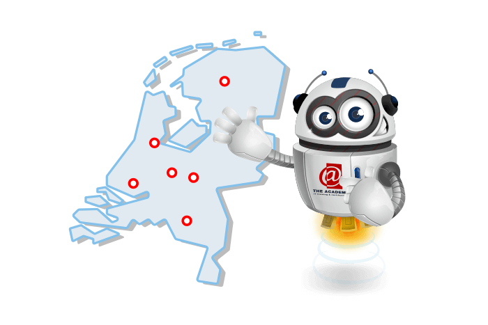 Buddy onze mascotte staat voor een map van nederland met alle trainingslocaties