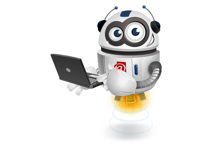 Buddy onze mascotte met een laptop