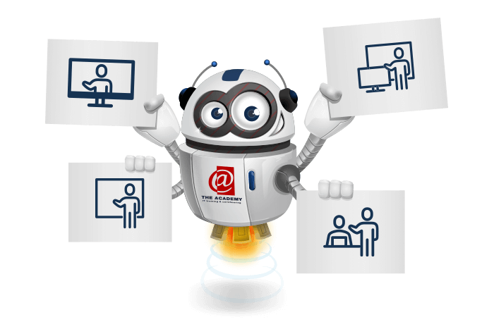 Buddy de mascotte met een bord met het icoon van virtueel