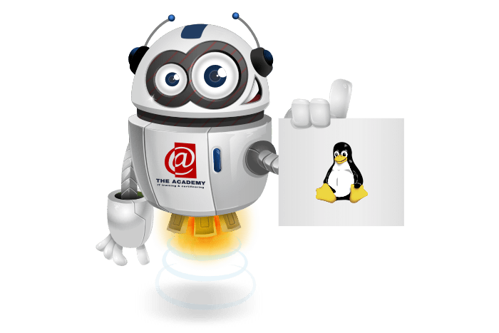 Buddy de mascotte die een bord met het linux logo vastheeft