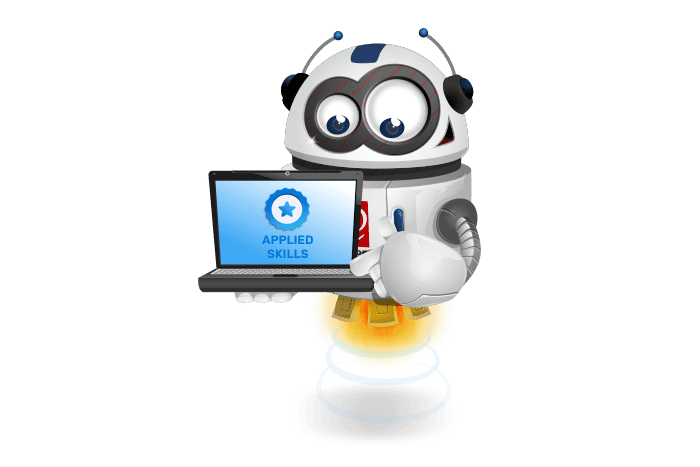 Buddy onze mascotte met een laptop in zijn hand