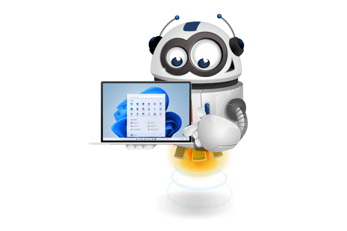 Buddy de mascotte met een laptop met Windows 11