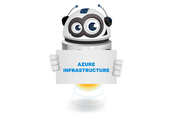Buddy onze mascotte met een bord met Azure Infrastructure erop