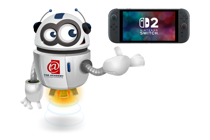 Buddy de mascotte met een Nintendo Switch 2