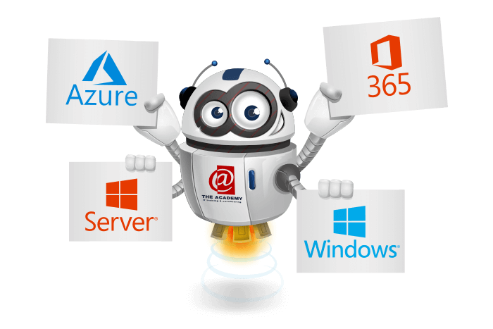 Buddy de mascotte met verschillende Microsoft logo\'s in zijn hand