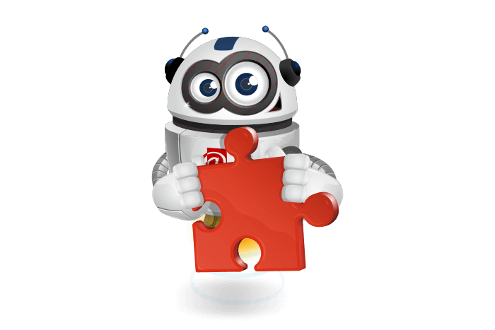 Buddy de mascotte met een puzzelstukje