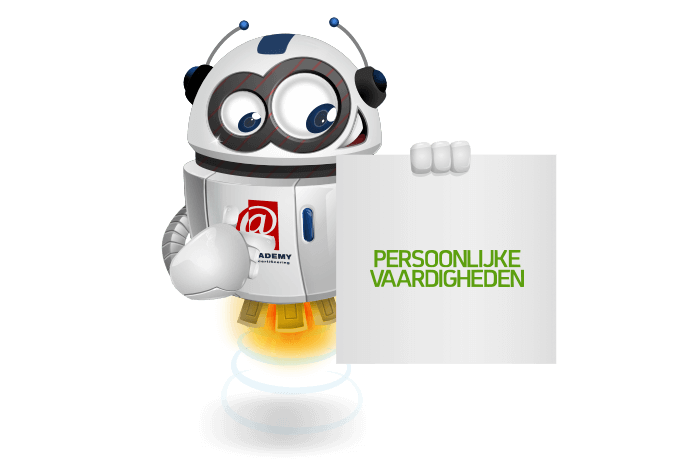 Buddy de mascotte die een bord met het Persoonlijk vaardigheids logo vastheeft