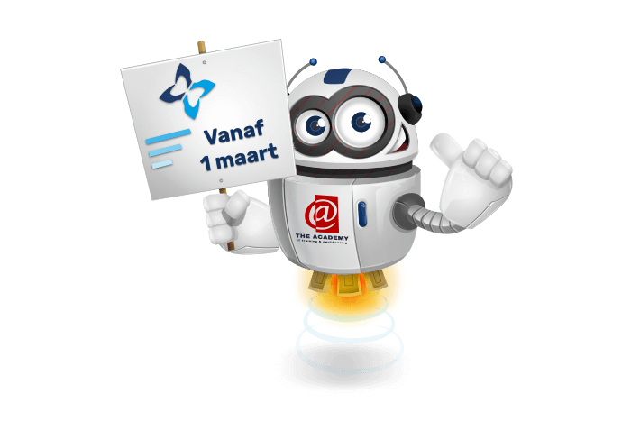 Buddy de mascotte met een bord met de datum 1 maart