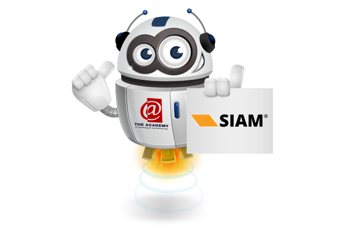 Buddy de mascotte die een bord met het SIAM logo vastheeft