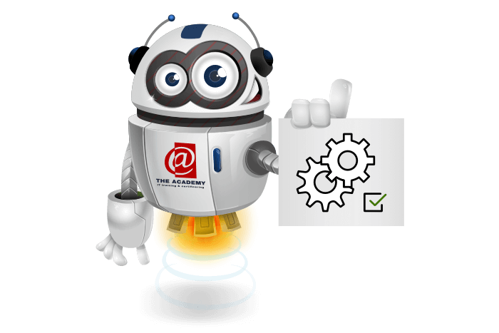 Buddy de mascotte die een bord met het TESTING logo vastheeft