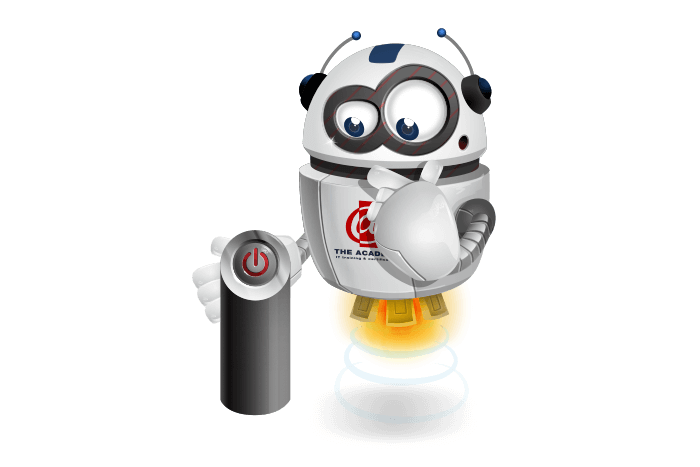 Buddy de mascotte met een keuzeknop