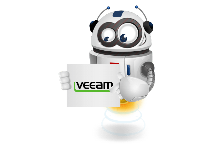 Buddy de mascotte die een bord met het veeam logo vastheeft