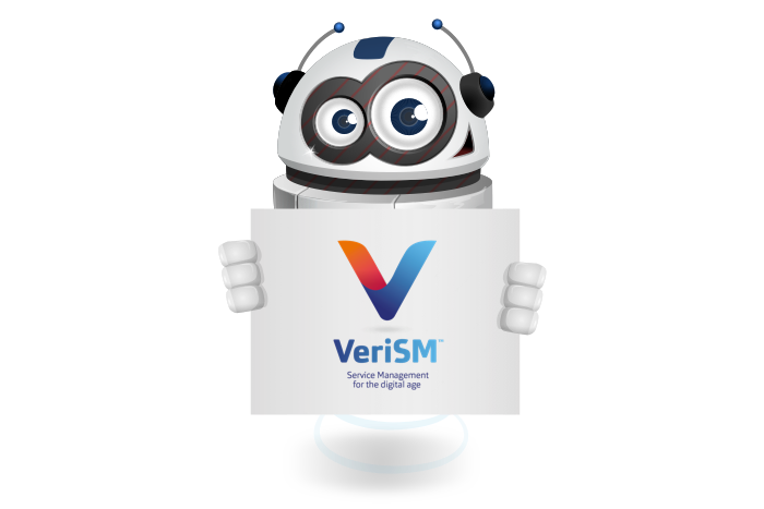 Buddy de mascotte die een bord met het VERISM logo vastheeft