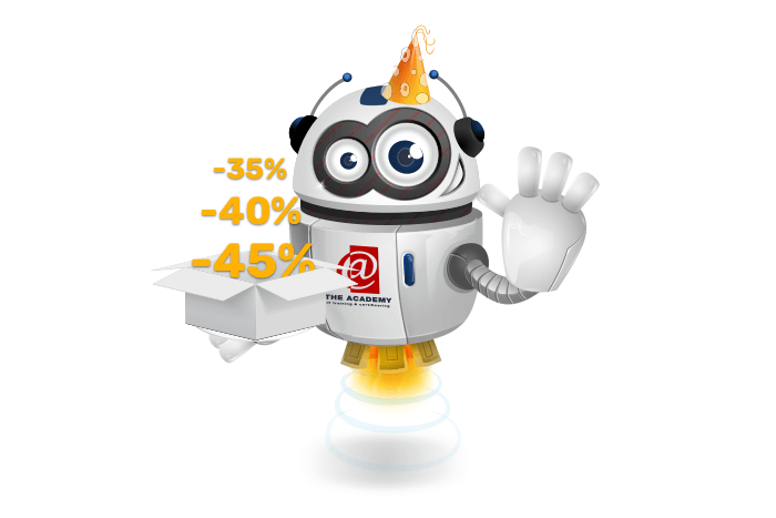 Buddy de mascotte met en cadeautje met kortingpercentages