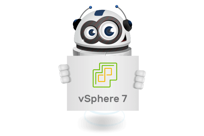 Buddy de mascotte die een bord met het vSphere7 logo vastheeft