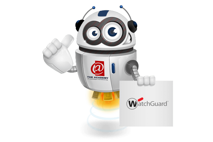 Buddy de mascotte die een bord met het Watchguard logo vastheeft