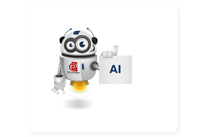Buddy onze mascotte houdt een bord met AI erop vast