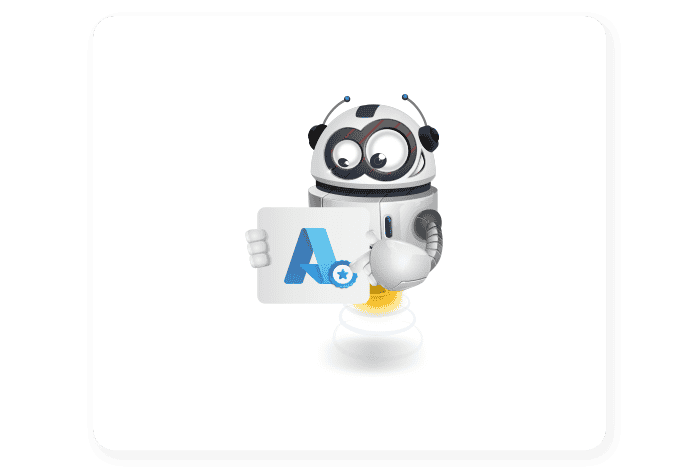 Buddy onze mascotte houdt een bord vast met een Azure logo erop