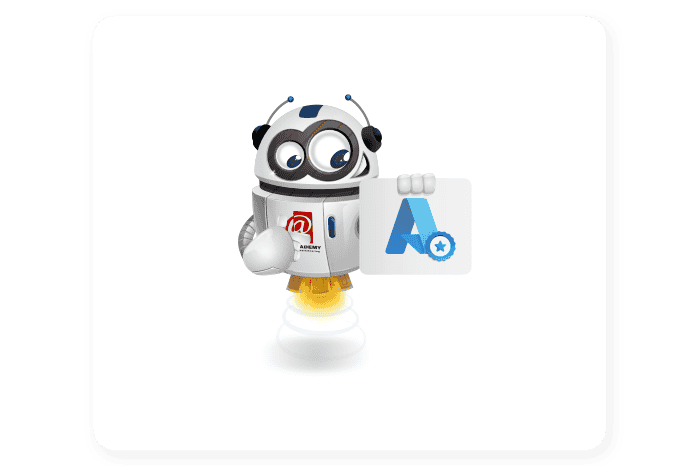 Buddy onze mascotte houdt een bord met een Azure logo erop vast