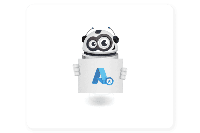 Buddy onze mascotte houdt een bord vast met een Azure logo erop