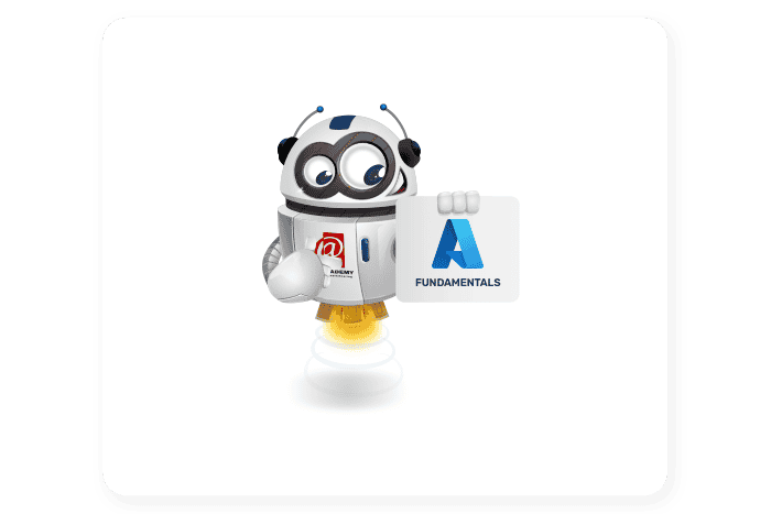 Buddy onze mascotte houdt een bord met het Azure Logo en het woord fundamentals vast