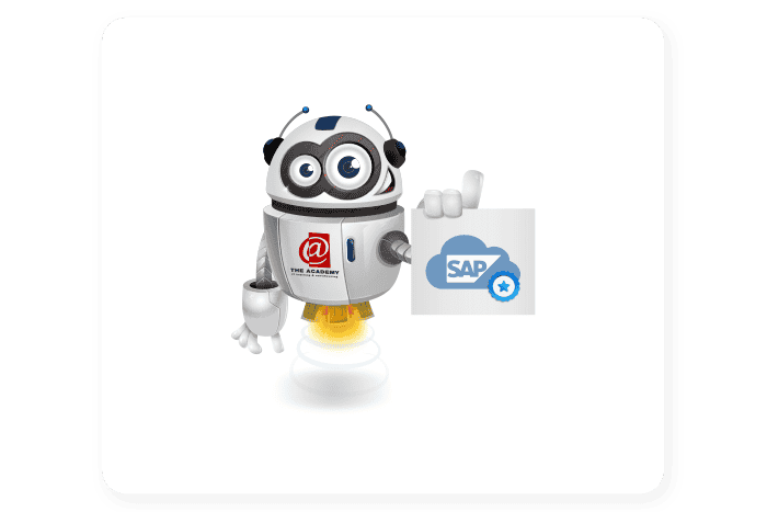 Buddy onze mascotte houdt een bord met een SAP cloud logo erop vast