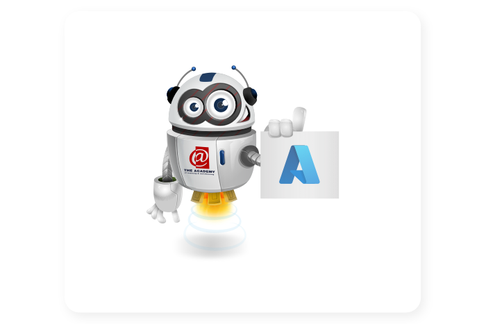 Buddy onze mascotte houdt een bord met het Azure logo vast