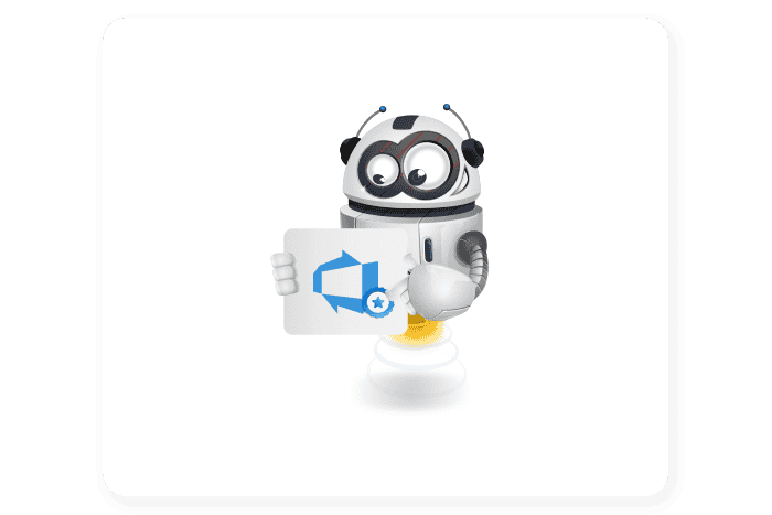 Buddy onze mascotte houdt een bord vast met het Azure DevOps icoon erop