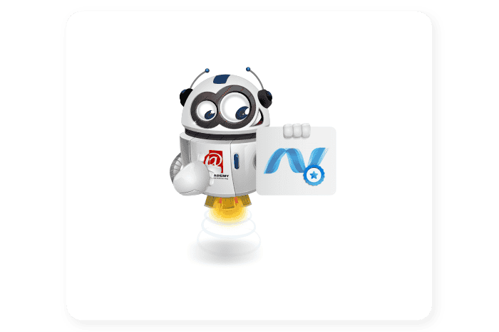 Buddy onze mascotte houdt een bord met het .NET logo erop vast