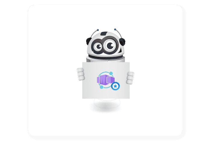 Buddy onze mascotte houdt een bord vast met het Azure Container icoon