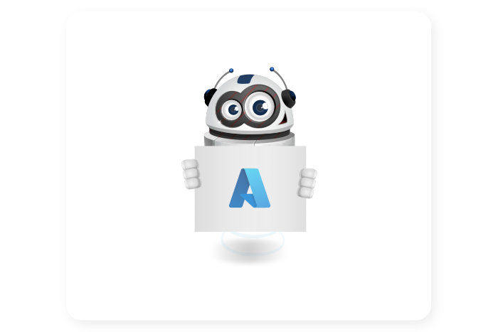 Buddy onze mascotte houdt een bord met het Azure logo