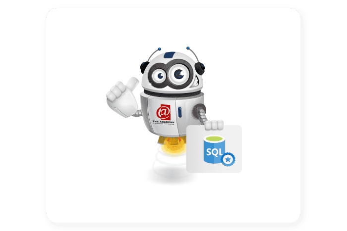 Buddy onze mascotte houdt een bord met een sql afbeelding erop vast