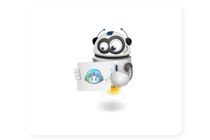 Buddy onze mascotte houdt een bord programmeertaal vast