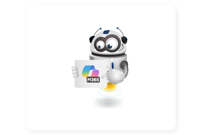 Buddy onze mascotte houdt een bordmet het M365 logo vast