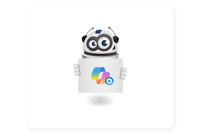 Buddy onze mascotte houdt een bord met Microsoft Copilot logo vast