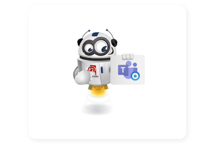 Buddy onze mascotte houdt een bord met een Teams plaatje vast