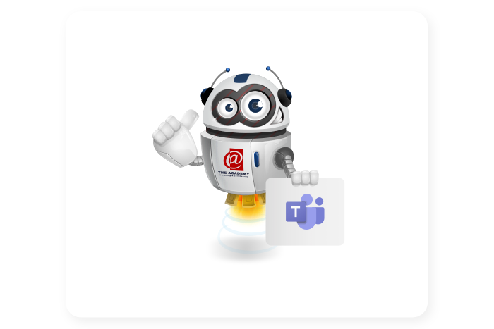 Buddy onze mascotte houdt een bord met het Teams logo vast