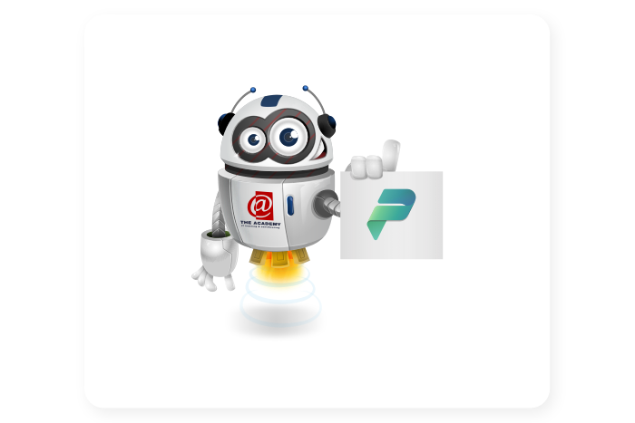 Buddy onze mascotte met het Power Platform Logo
