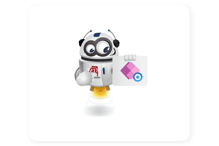 Buddy onze mascotte houdt een bord met het Power Apps logo erop vast