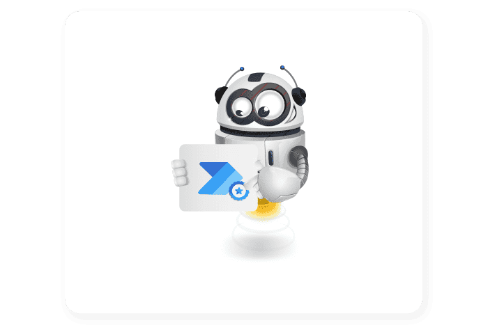 Buddy onze mascotte houdt een bord vast met het Power Automate icoon