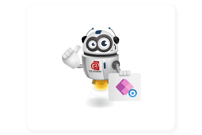 Buddy onze mascotte houdt een bord met het Power Apps Logo erop vast