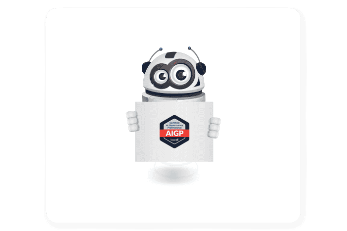 Buddy onze mascotte met het AIGP logo vast