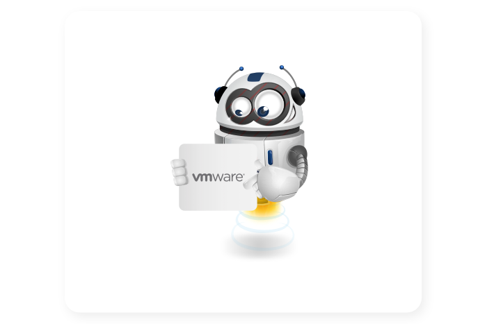 Buddy onze mascotte houdt een bord met het VMware logo