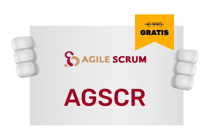 Buddy onze mascotte met een bord met het Agile Scrum logo