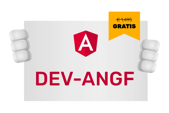 Buddy onze mascotte met een bord met het Angular logo