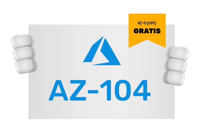 Buddy onze mascotte met een bord met het Azure logo en AZ-104