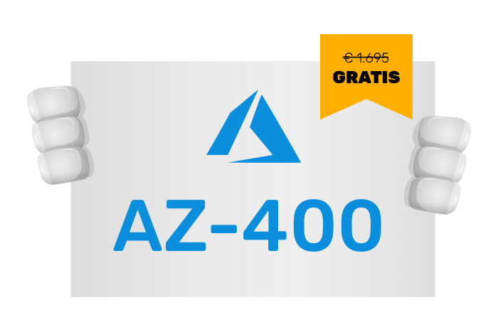 Buddy onze mascotte met een bord met het Azure logo en AZ-400