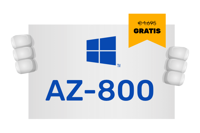 Buddy onze mascotte met een bord met het Azure logo en AZ-800